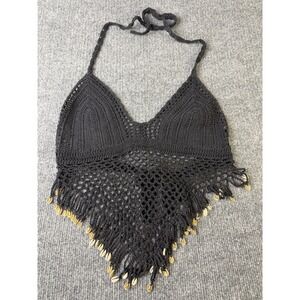 Handmade Crochet Halter Top Black Fringe Cowrie Shell Festival Boho Beach Top